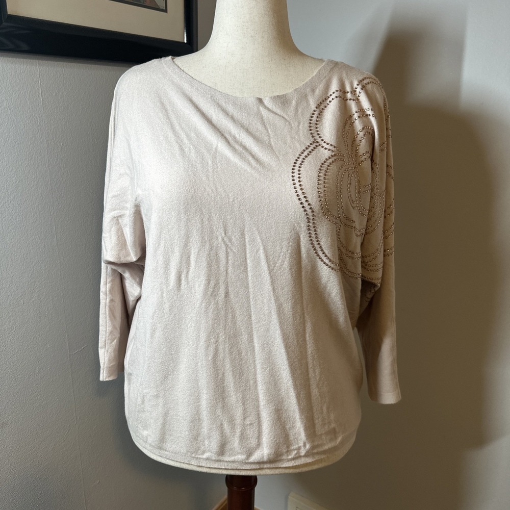 Women's X Large LIV Milano WinterWhite Flower Print Rhinestone Sweater NWT